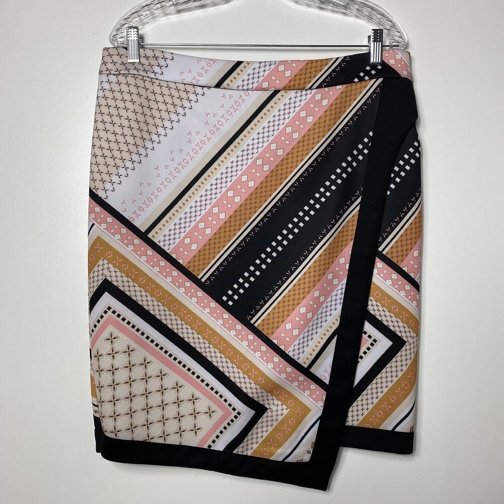 bar iii women’s geometric lines shapes print faux wrap skirt size XL